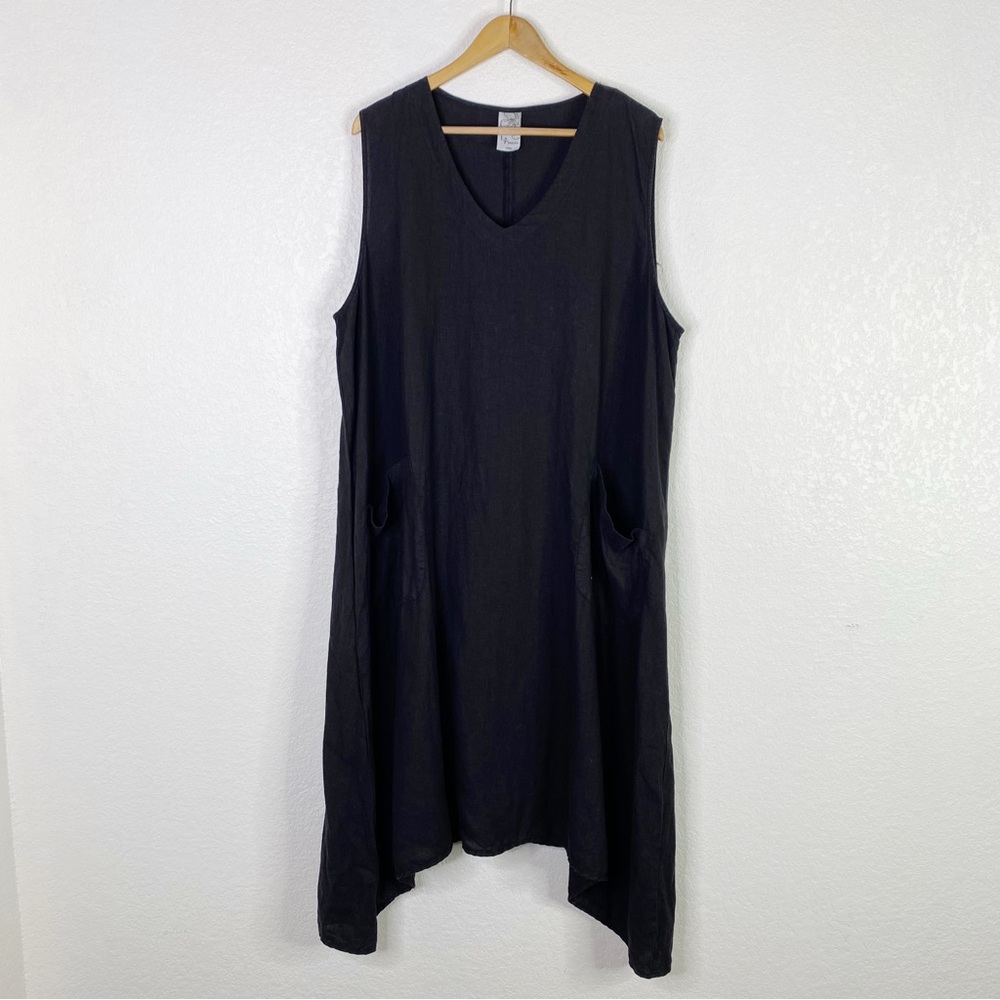 La Fixsun Black 100% Linen Shark Bite Hem Sleeveless Dress